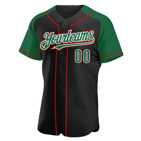 Custom Black Kelly Green-Red Authentic Raglan Sleeves Baseball Jersey alternate