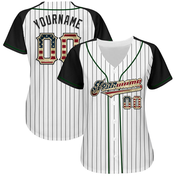 Custom White Black Pinstripe Vintage USA Flag Cream-Green Authentic Raglan Sleeves Baseball Jersey alternate