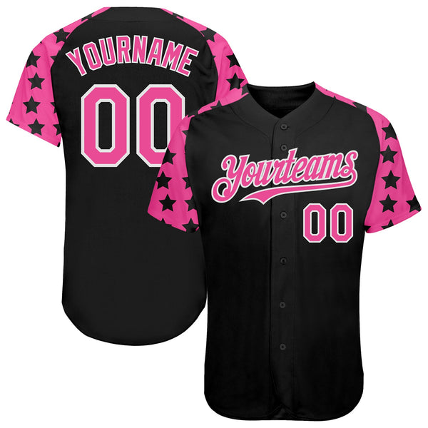 Custom Black Pink-White Star Raglan Sleeves Authentic Baseball Jersey