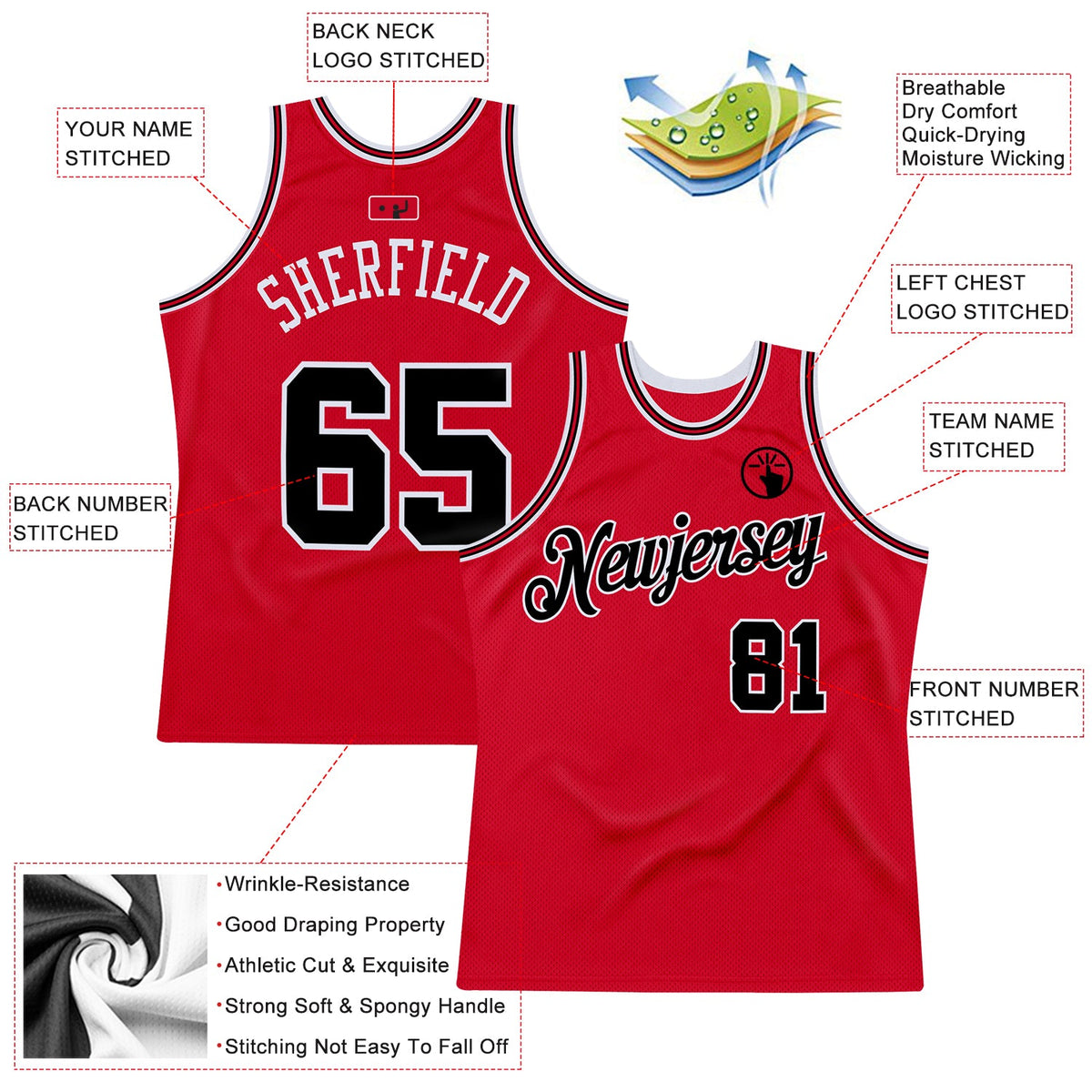 Custom Red Black-Red Authentic Throwback Basketball Jersey - Back