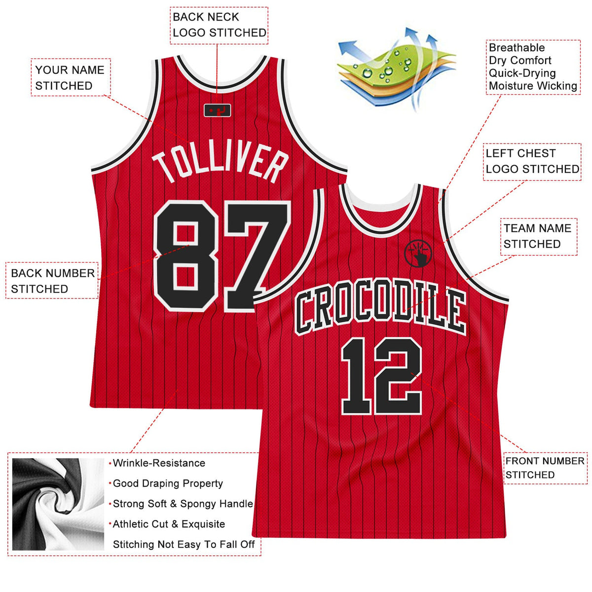 Custom Red Black Pinstripe Black-White Authentic Basketball Jersey - Back