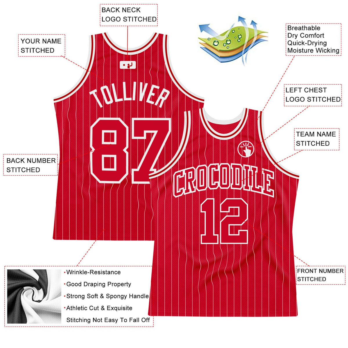 Custom Red White Pinstripe Red-White Authentic Basketball Jersey - Back