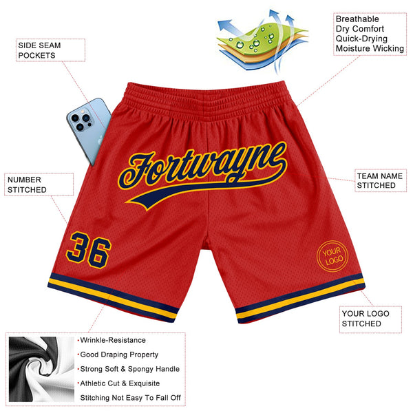 Custom Red Navy-Gold Authentic Throwback Basketball Shorts alternate