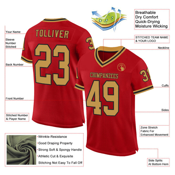 Custom Red Old Gold-Black Mesh Authentic Throwback Football Jersey alternate
