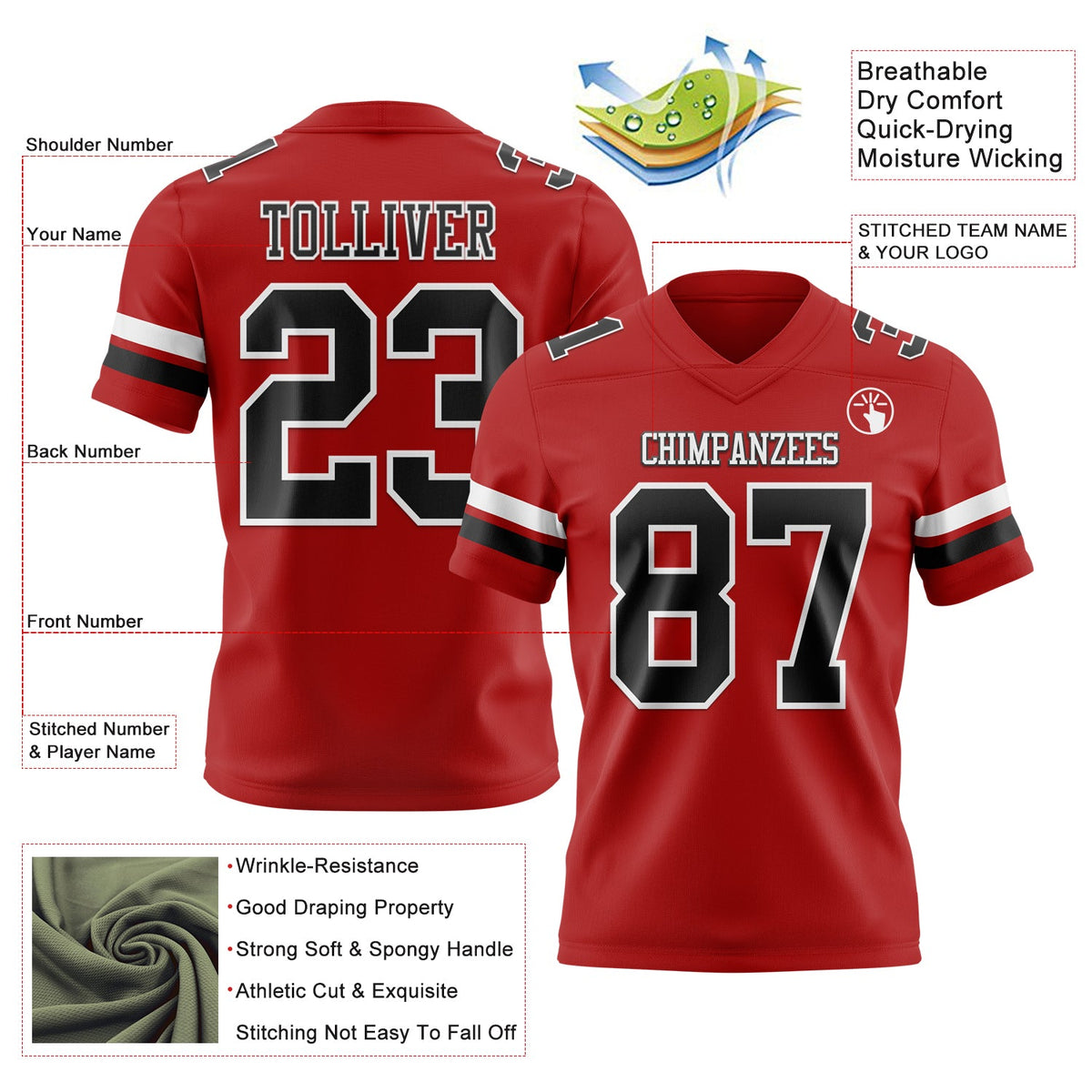 Custom Red Black-White Authentic Football Jersey - Front