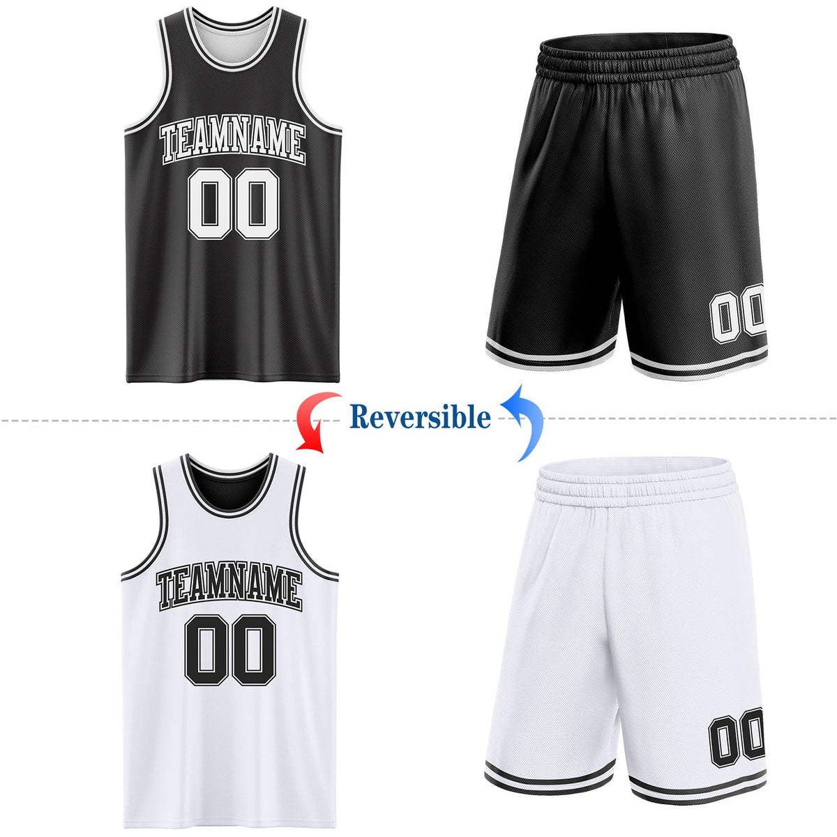 Custom Reversible Black White Double Side Sublimation Basketball Set Jersey - Back