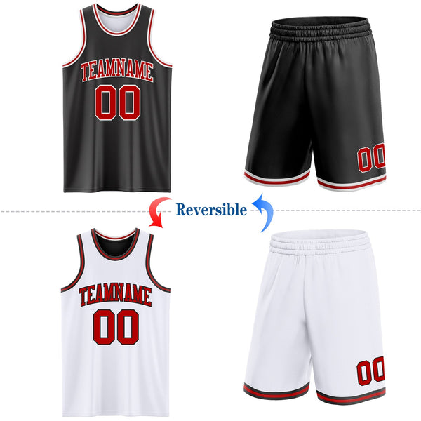 Custom Reversible Black Red-White Double Side Sublimation Basketball Set Jersey alternate