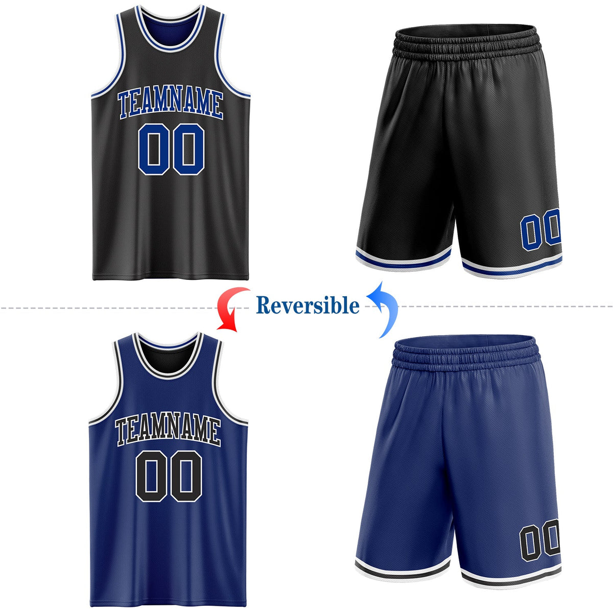 Custom Reversible Black Royal-White Double Side Sublimation Basketball Set Jersey - Back