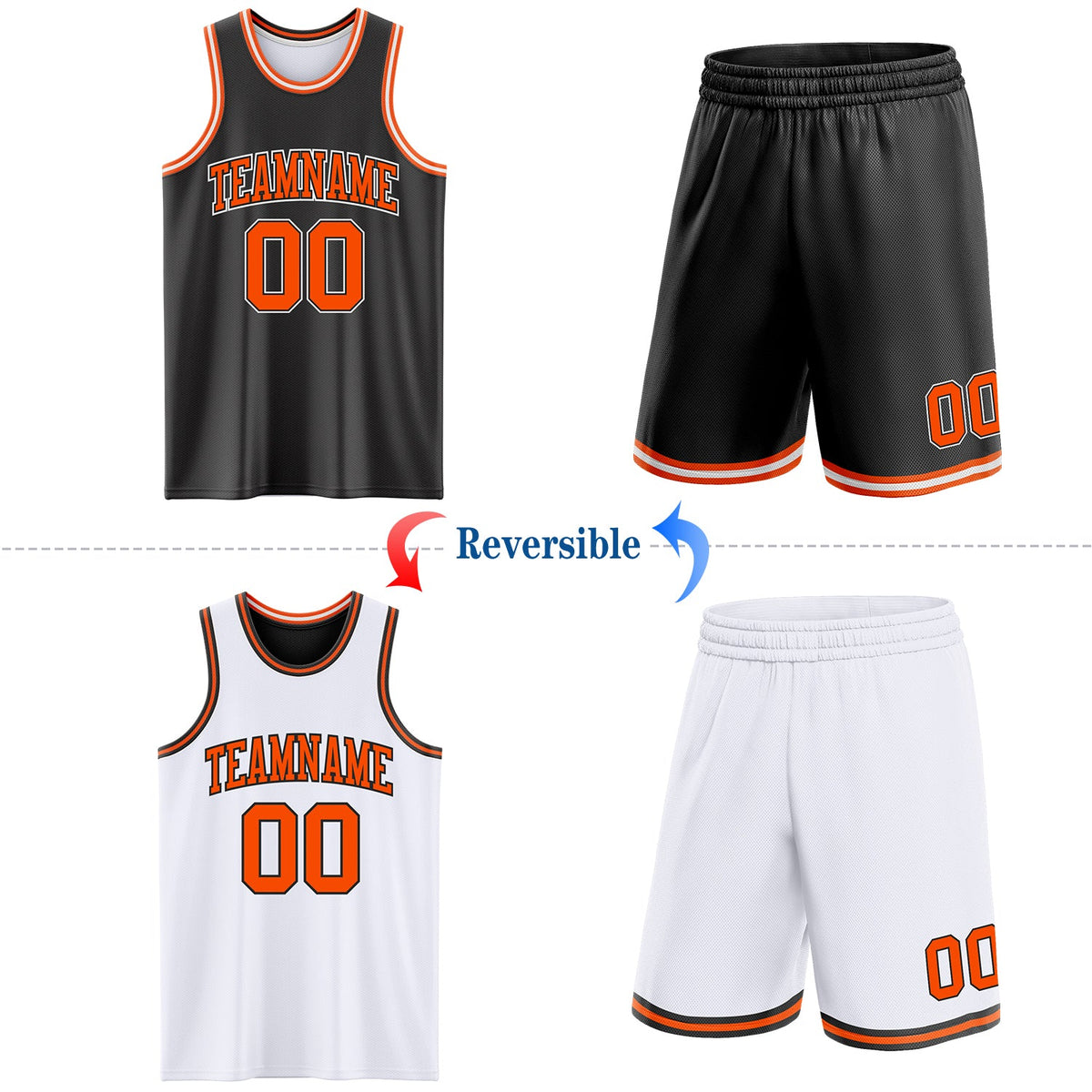 Custom Reversible Black Orange-White Double Side Sublimation Basketball Set Jersey - Back