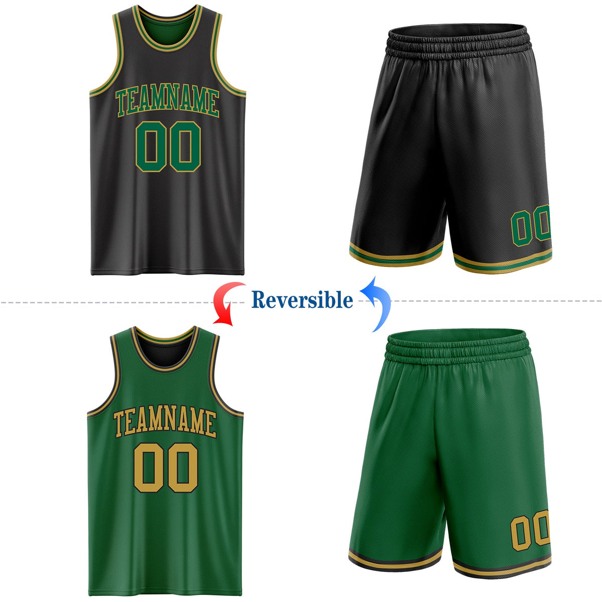 Custom Reversible Black Kelly Green-Old Gold Double Side Sublimation Basketball Set Jersey - Back