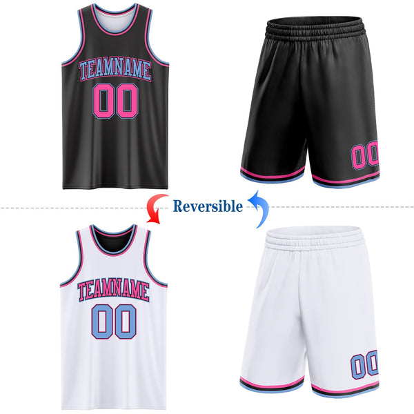Custom Reversible Black Pink-Light Blue Double Side Sublimation Basketball Set Jersey alternate