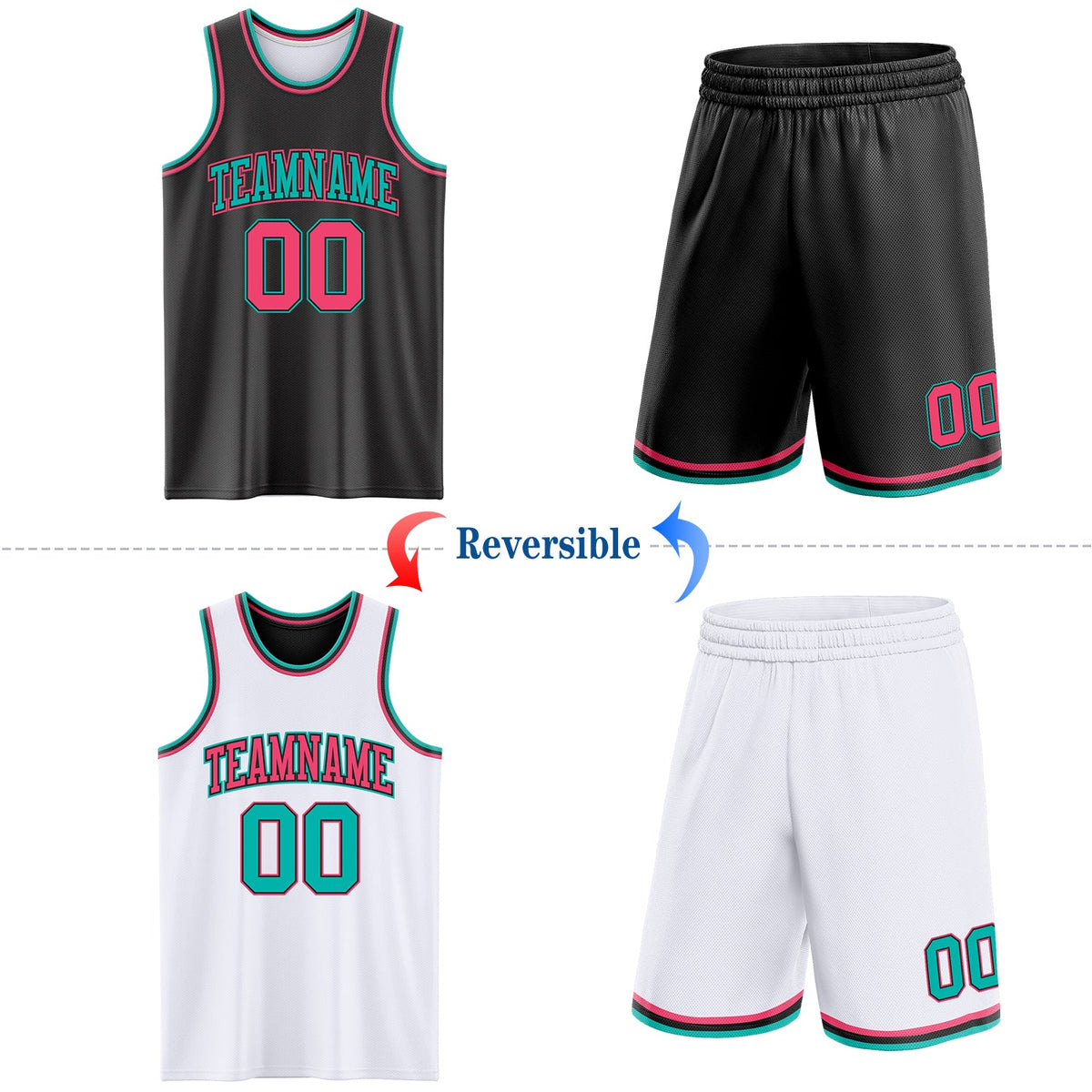 Custom Reversible Black Neon Pink-Aqua Double Side Sublimation Basketball Set Jersey - Back