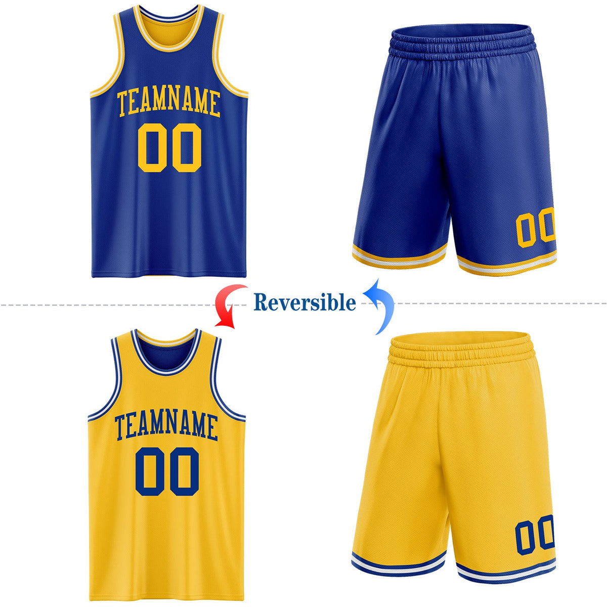 Custom Royal Gold-White Reversible Double Side Sublimation Basketball Set Jersey - Back