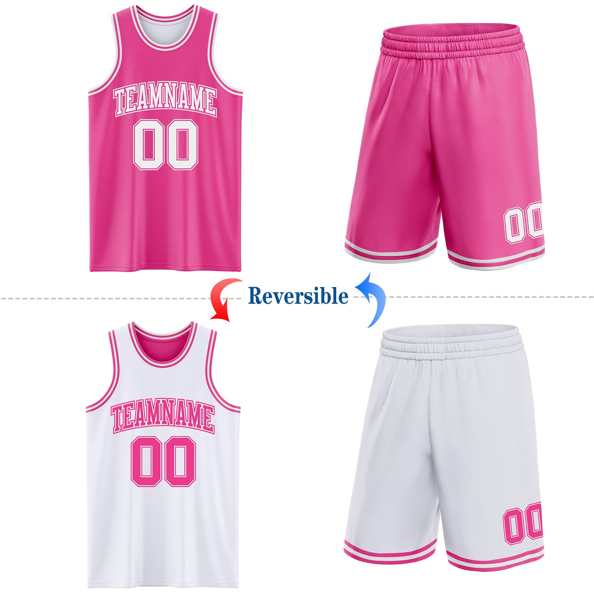 Custom Pink White Reversible Double Side Sublimation Basketball Set Jersey - Back