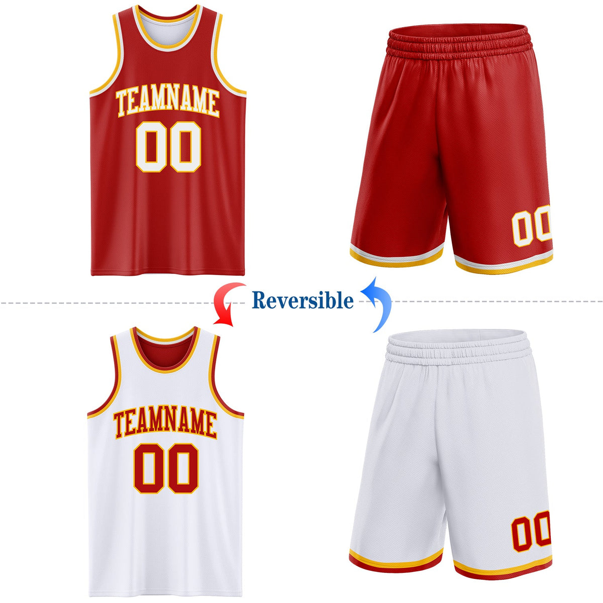 Custom Red White-Gold Reversible Double Side Sublimation Basketball Set Jersey - Back