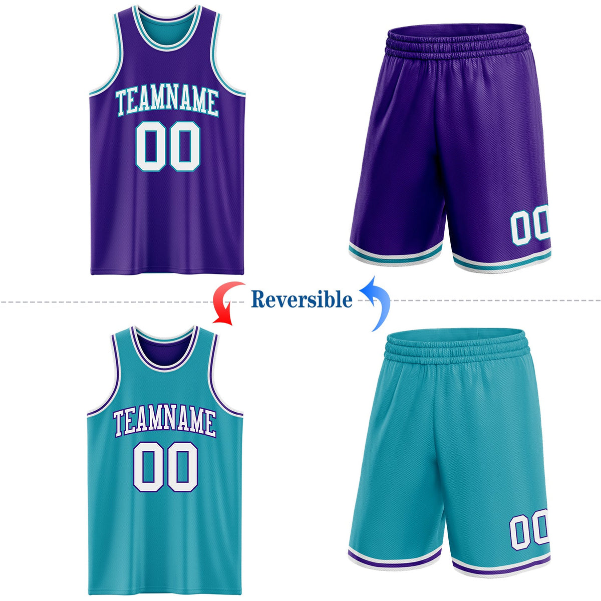 Custom Purple White-Teal Reversible Double Side Sublimation Basketball Set Jersey - Back
