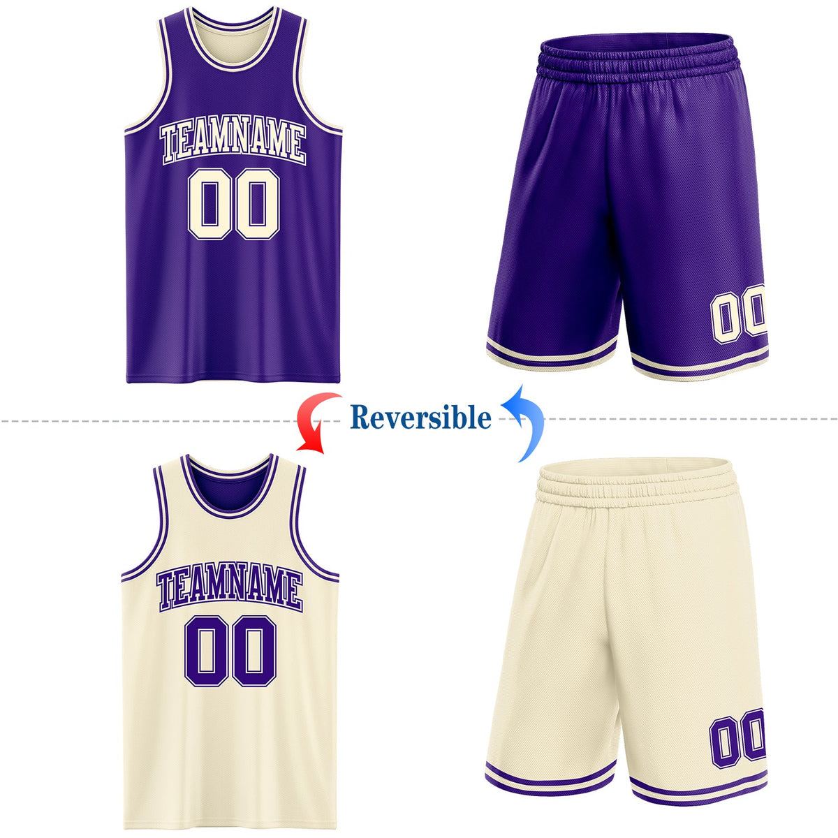 Custom Reversible Purple Cream Double Side Sublimation Basketball Set Jersey - Back
