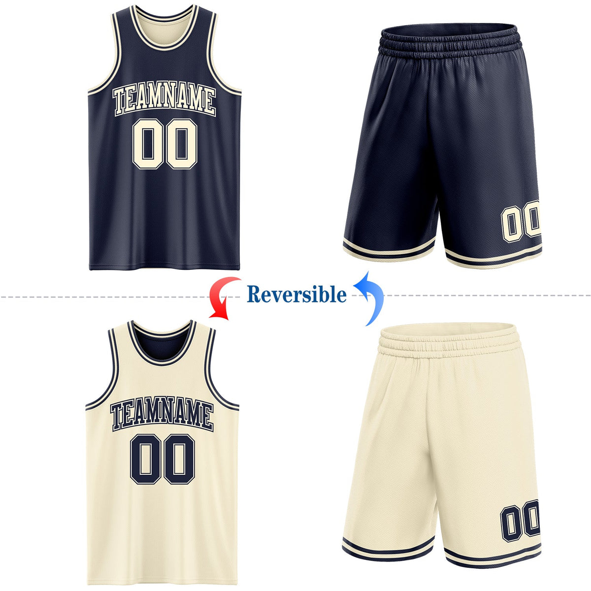 Custom Reversible Navy Cream Double Side Sublimation Basketball Set Jersey - Back