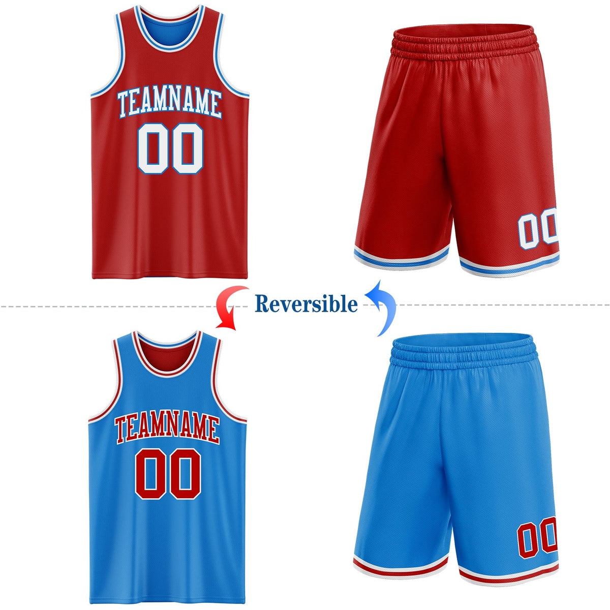 Custom Reversible Red White-Powder Blue Double Side Sublimation Basketball Set Jersey - Back