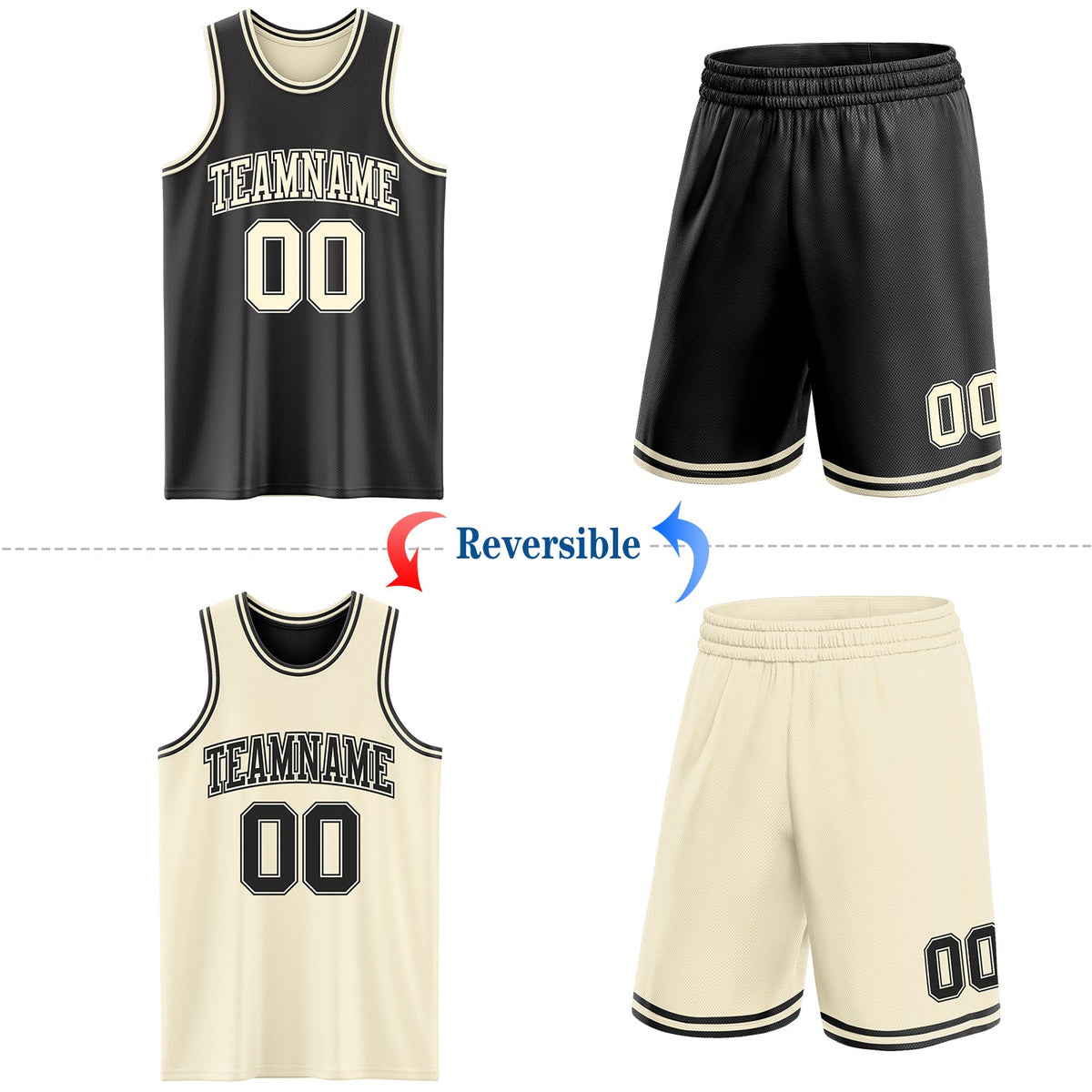 Custom Reversible Black Cream Double Side Sublimation Basketball Set Jersey - Back