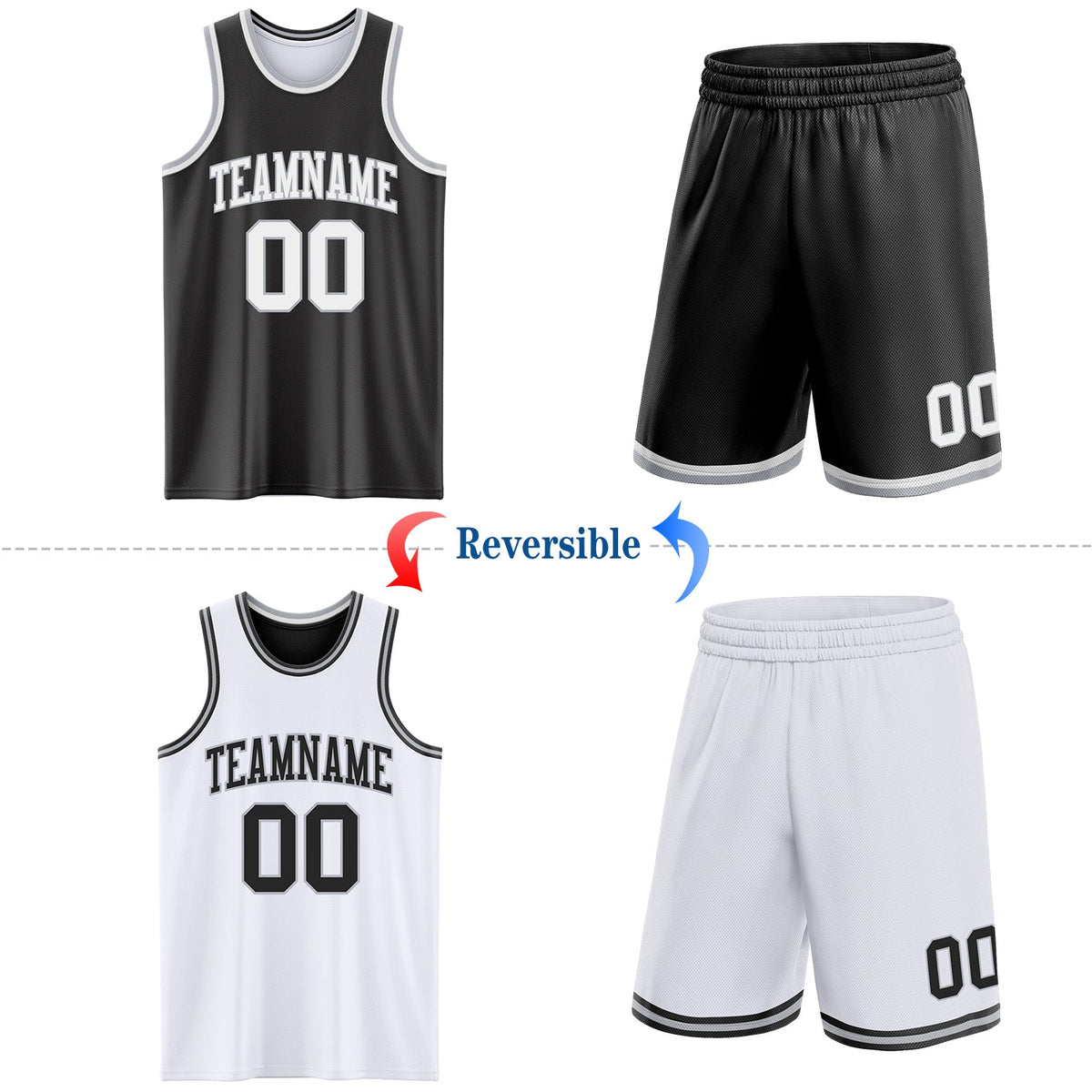 Custom Reversible Black White-Gray Double Side Sublimation Basketball Set Jersey - Back