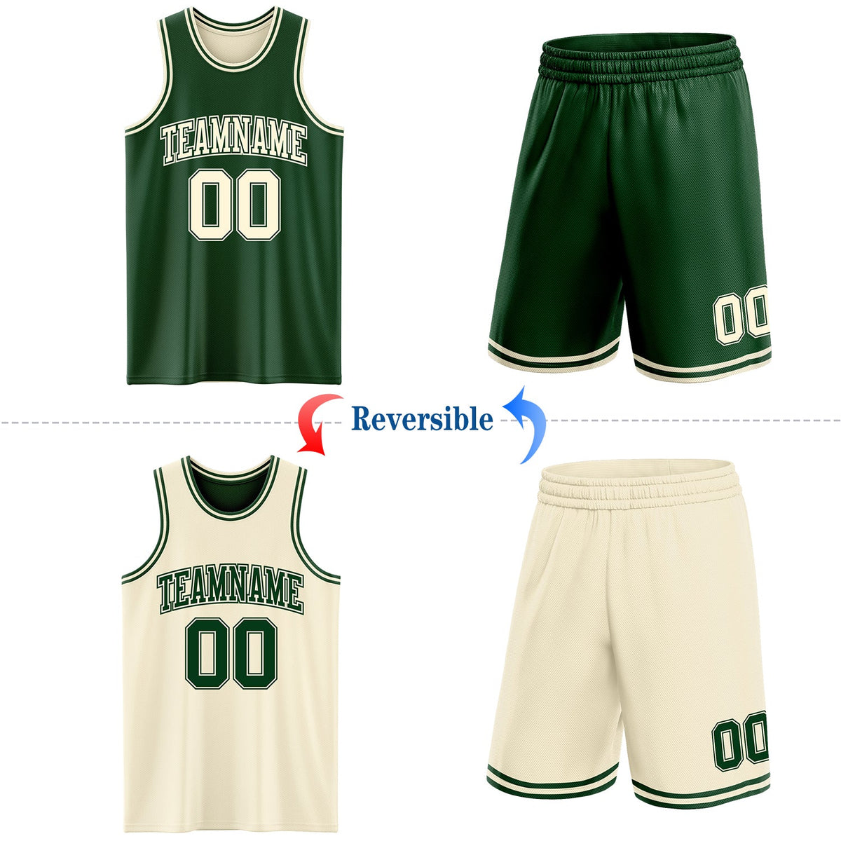 Custom Reversible Green Cream Double Side Sublimation Basketball Set Jersey - Back