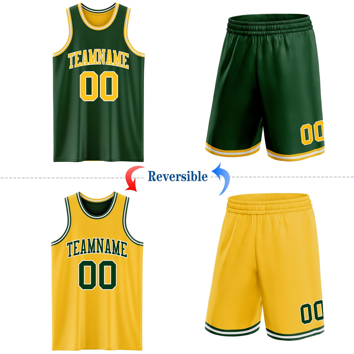 Custom Reversible Green Gold-White Double Side Sublimation Basketball Set Jersey - Back