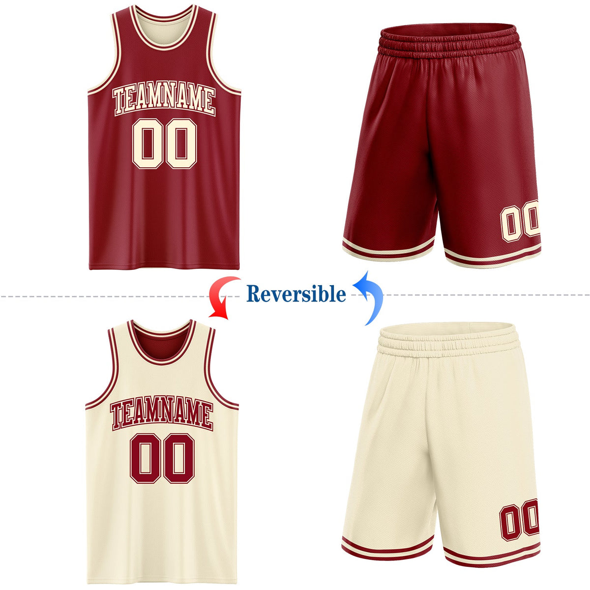 Custom Reversible Maroon Cream Double Side Sublimation Basketball Set Jersey - Back