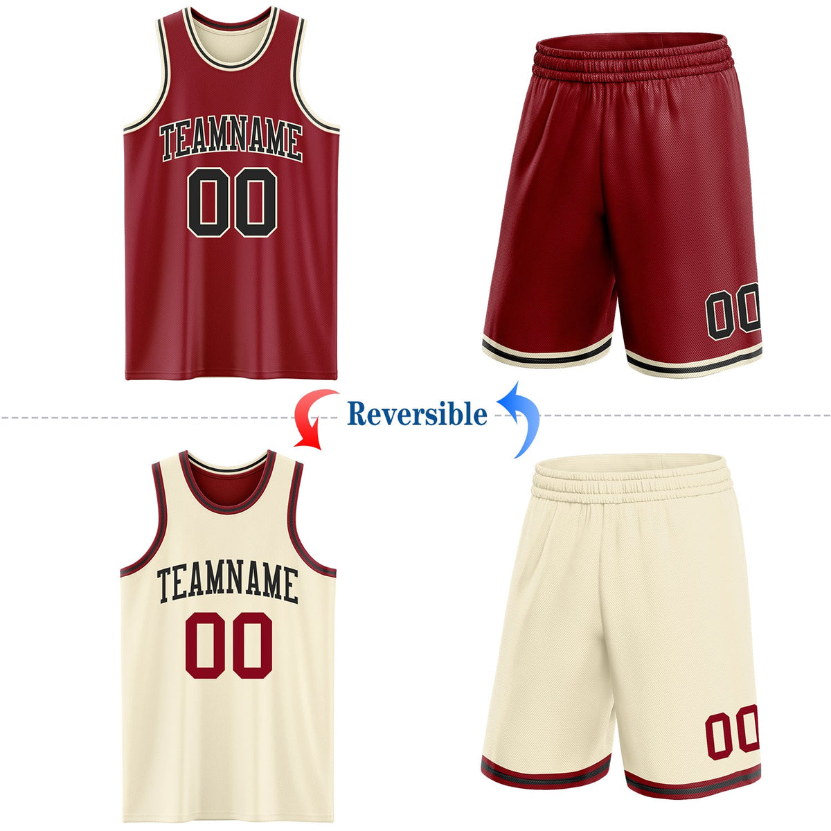 Custom Reversible Maroon Black-Cream Double Side Sublimation Basketball Set Jersey - Back