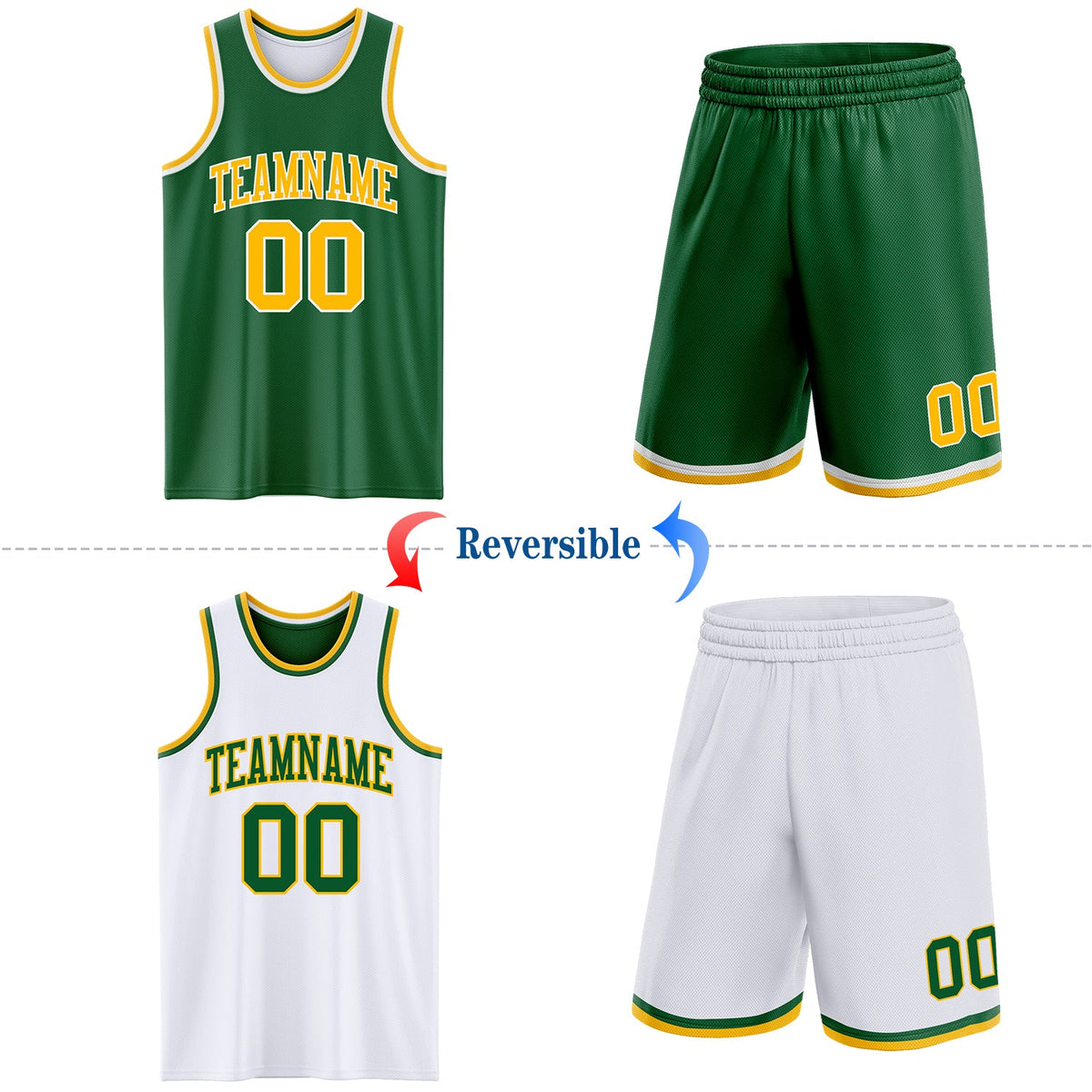 Custom Reversible Kelly Green Gold-White Double Side Sublimation Basketball Set Jersey - Back