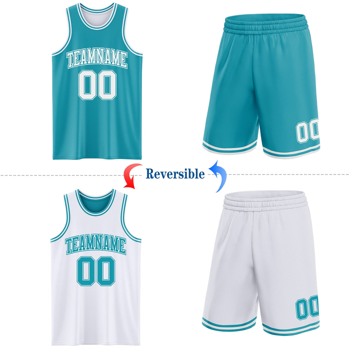 Custom Reversible Teal White Double Side Sublimation Basketball Set Jersey - Back
