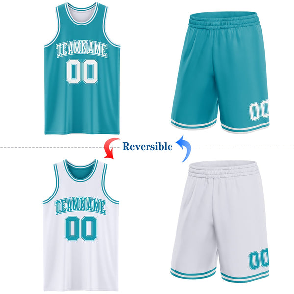 Custom Reversible Teal White Double Side Sublimation Basketball Set Jersey alternate
