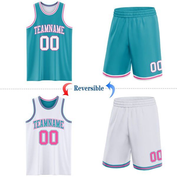 Custom Reversible Teal White-Pink Double Side Sublimation Basketball Set Jersey alternate