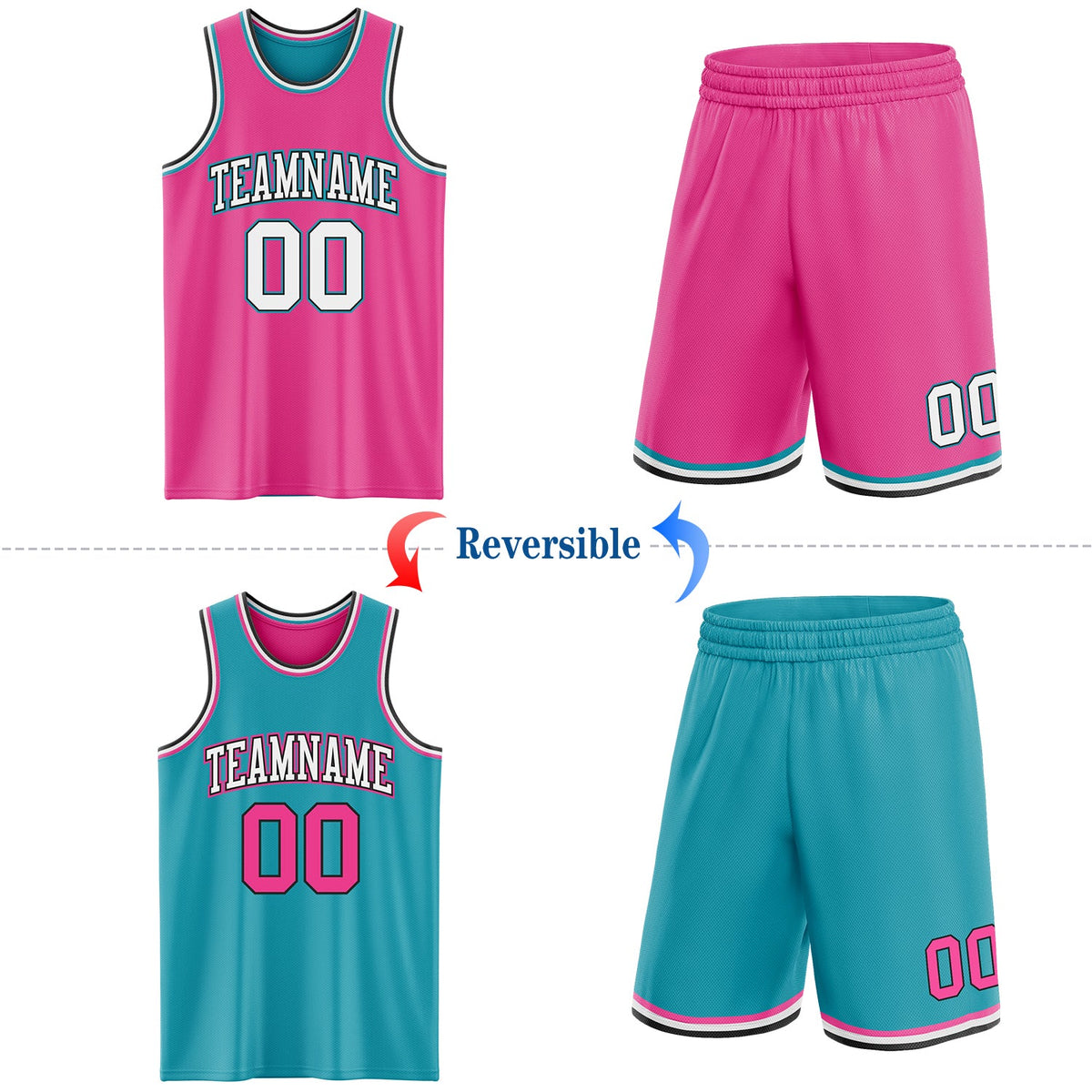Custom Reversible Pink Black-Teal Double Side Sublimation Basketball Set Jersey - Back