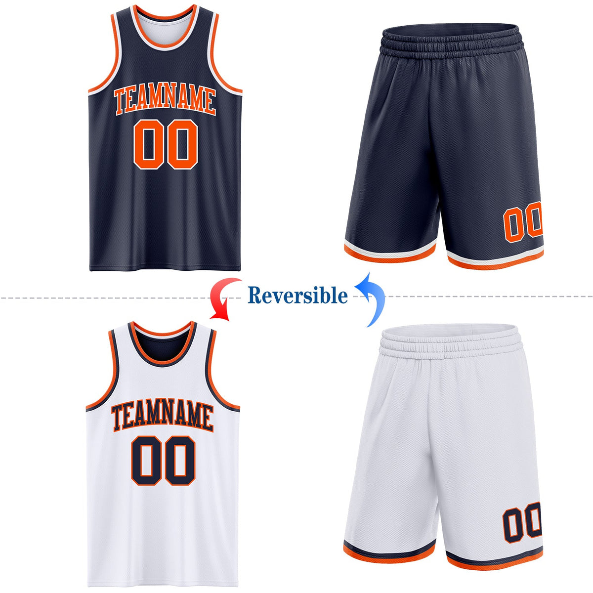 Custom Reversible Navy Orange-White Double Side Sublimation Basketball Set Jersey - Back