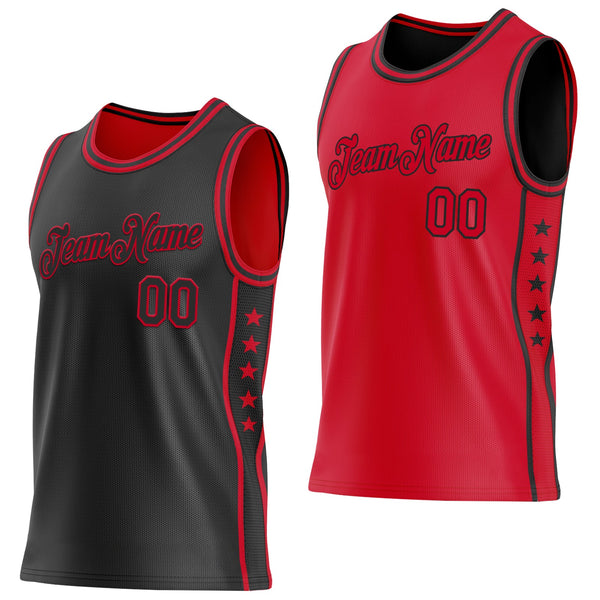 Custom Reversible Black Red Double Side Star Sublimation Basketball Set Jersey