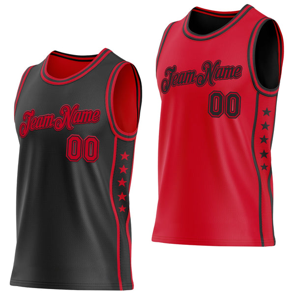 Custom Reversible Black Red Double Side Star Sublimation Basketball Set Jersey