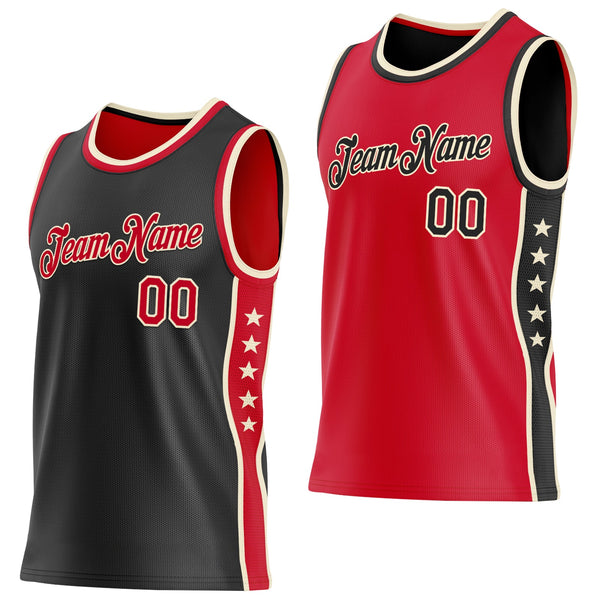 Custom Reversible Black Red-Cream Double Side Star Sublimation Basketball Set Jersey