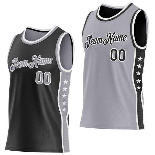 Custom Reversible Black Gray-White Double Side Star Sublimation Basketball Suit Jersey