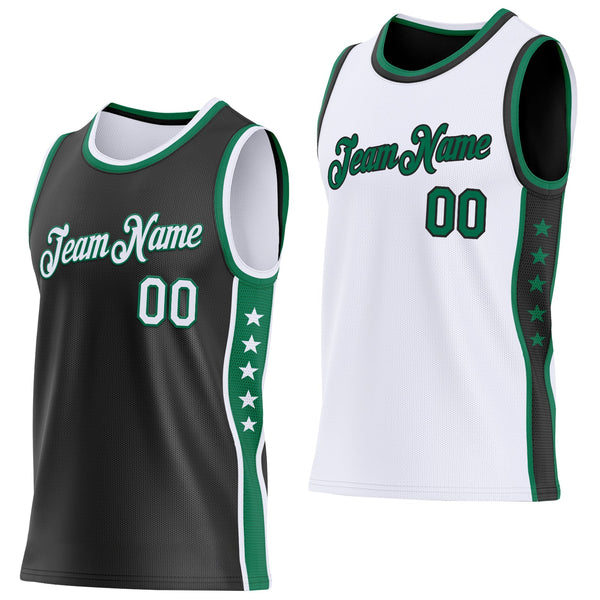 Custom Reversible Black White-Kelly Green Double Side Star Sublimation Basketball Set Jersey