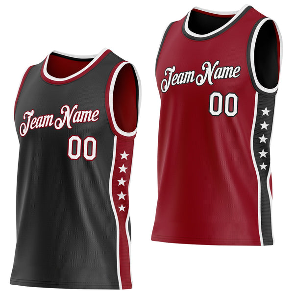 Custom Reversible Black White-Crimson Double Side Star Sublimation Basketball Set Jersey