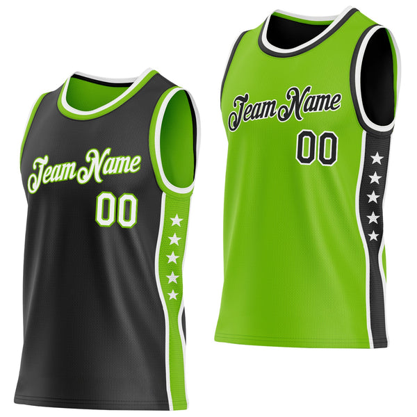 Custom Reversible Black White-Neon Green Double Side Star Sublimation Basketball Set Jersey