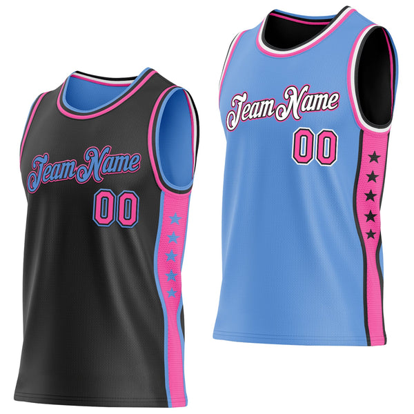Custom Reversible Black Pink-Lakes Blue Double Side Star Sublimation Basketball Set Jersey