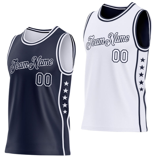 Custom Reversible Navy White Double Side Star Sublimation Basketball Set Jersey