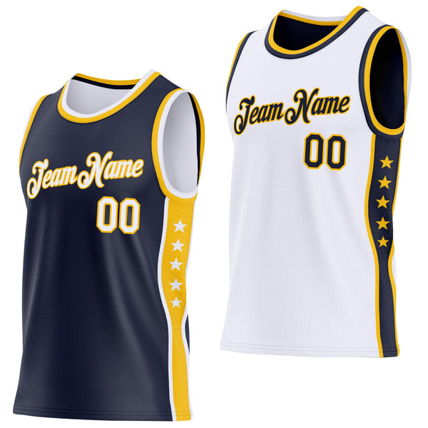 Custom Reversible Navy White-Gold Double Side Star Sublimation Basketball Set Jersey