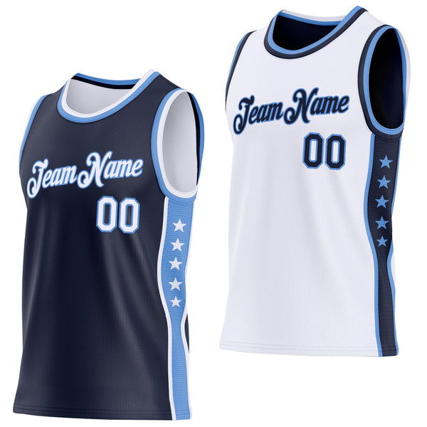 Custom Reversible Navy White-Lakes Blue Double Side Star Sublimation Basketball Set Jersey