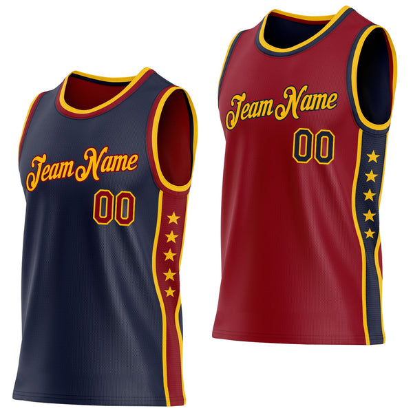 Custom Reversible Navy Crimson-Gold Double Side Star Sublimation Basketball Set Jersey