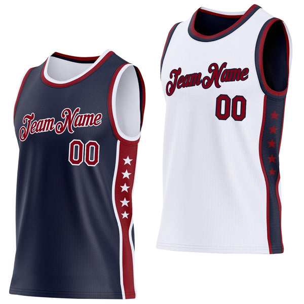 Custom Reversible Navy Crimson-White Double Side Star Sublimation Basketball Set Jersey