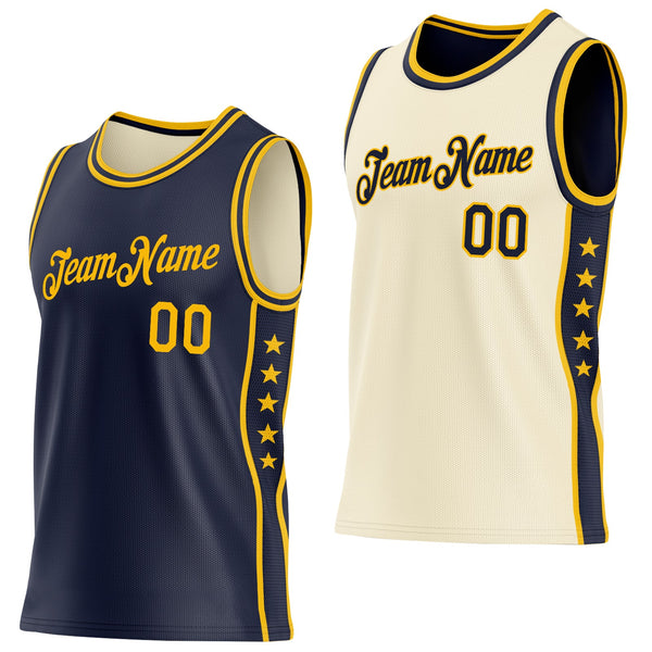Custom Reversible Navy Gold Double Side Star Sublimation Basketball Set Jersey