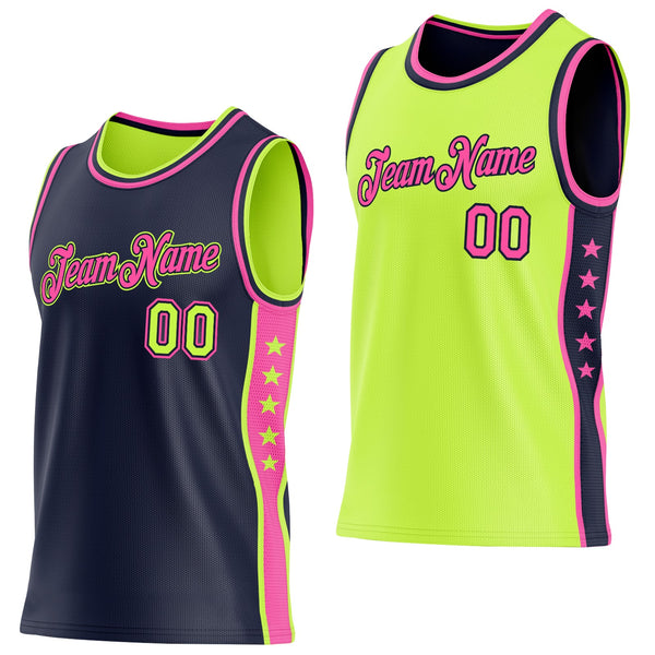 Custom Reversible Navy Neon Green-Pink Double Side Star Sublimation Basketball Set Jersey